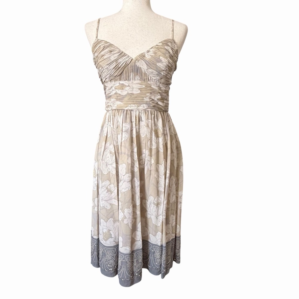 MAX & CLEO Beaded 100% Silk A-Line Dress Sz 4 Beaded Hem Romantic Boho Neutral